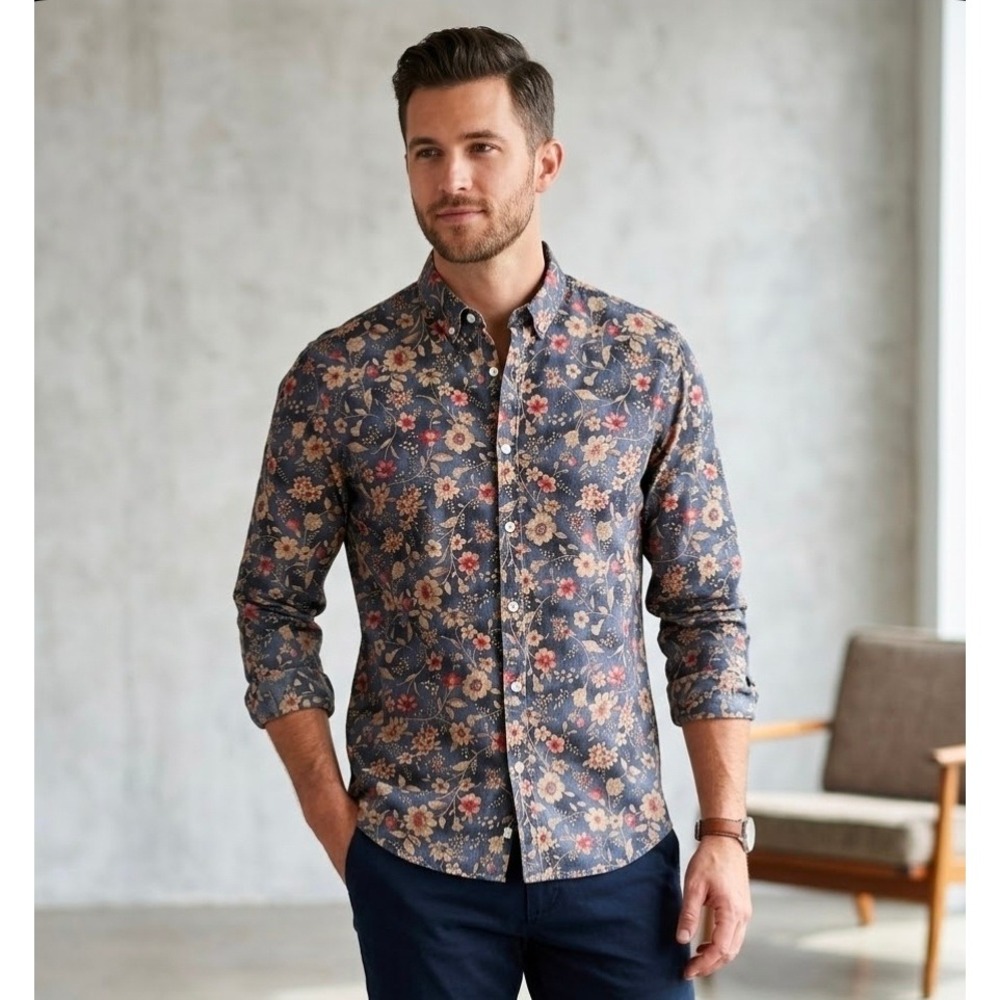 Tunevuse Mens Floral Button Down Shirt Long Sleeve Blue Red Regular Fit Large